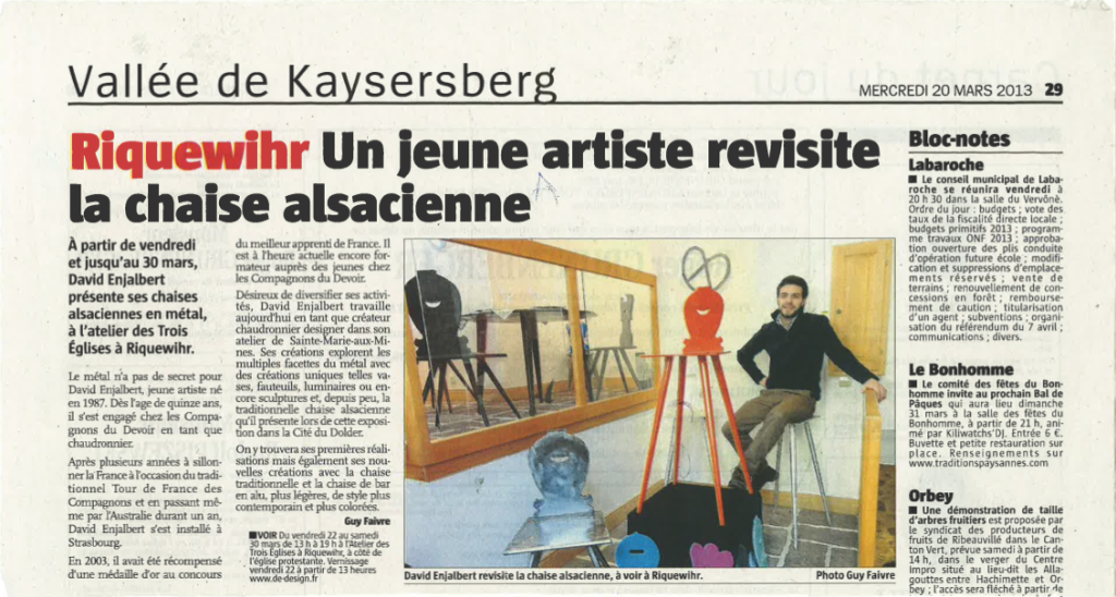 Article de Journal l'Alsace David Enjalbert Créateur Chaudronnier revisite la traditionnelle chaise Alsacienne en Métal en Acier et en Aluminium mobiller Fabriqué en Alsace dans lieu à la marque STUHL